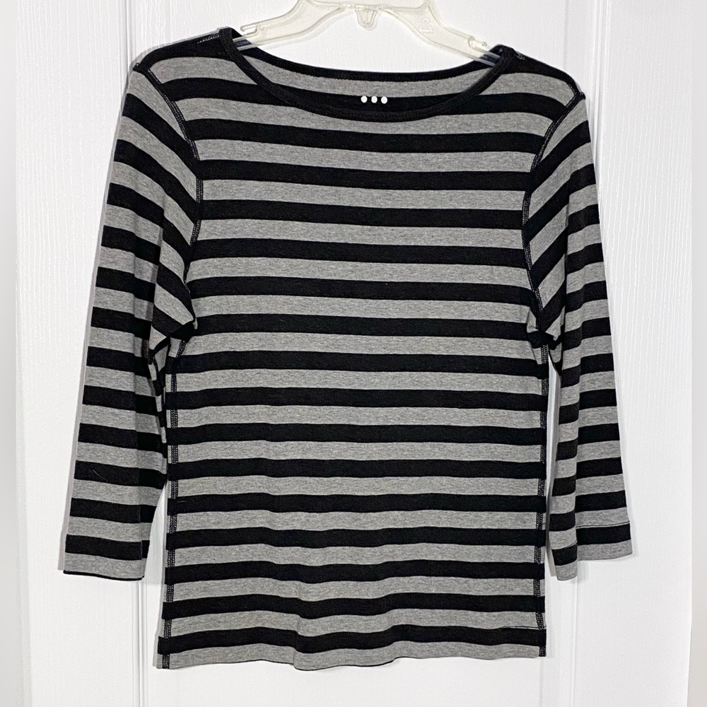 90s Three Dots USA MADE Striped Combed Cotton 3/4 Sleeve Top Vintage Gray XL
